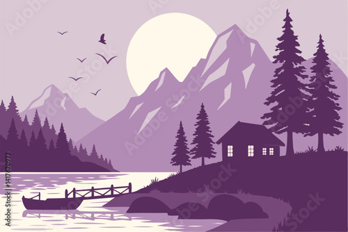 58 Purple mountain landscape, lakeside cabins, full moon, pine forest, reflective water, calm evening scene, wooden dock, small boat, silhouette of birds, ethereal light, gradient sky, cozy atmosphere