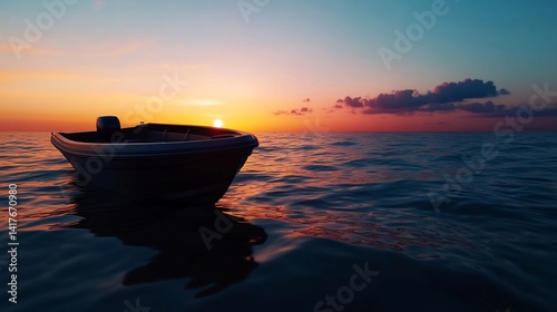 Tranquil small boat at sunset on the ocean.