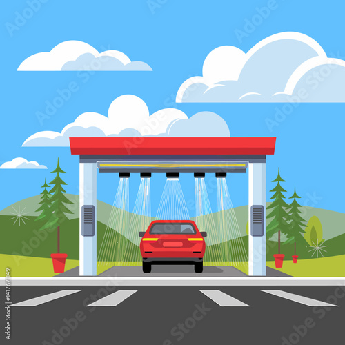 Automatic Car Wash Service Station with Red Vehicle and Landscape Background