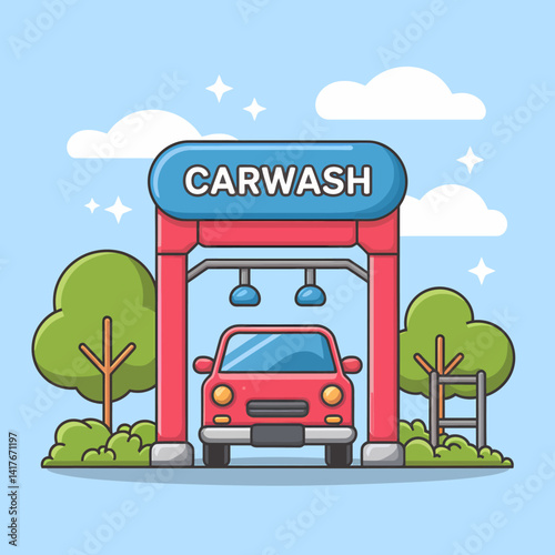 Cartoon Carwash Illustration: Automated Vehicle Cleaning Service Design