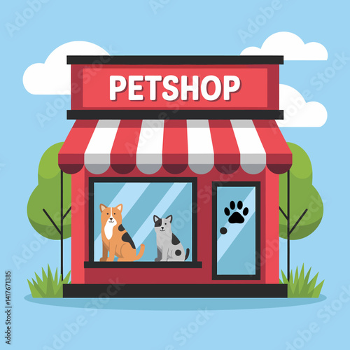 Vibrant Pet Shop Illustration with Dog and Cat, Storefront Design