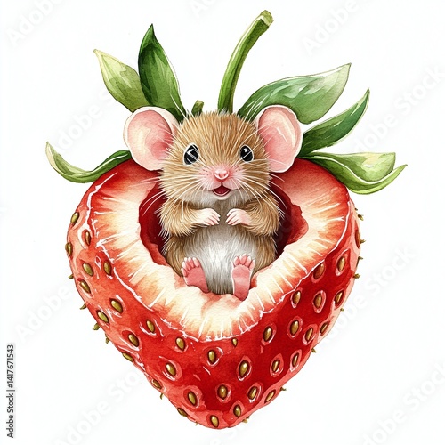 Adorable little mouse inside a giant strawberry on a white background