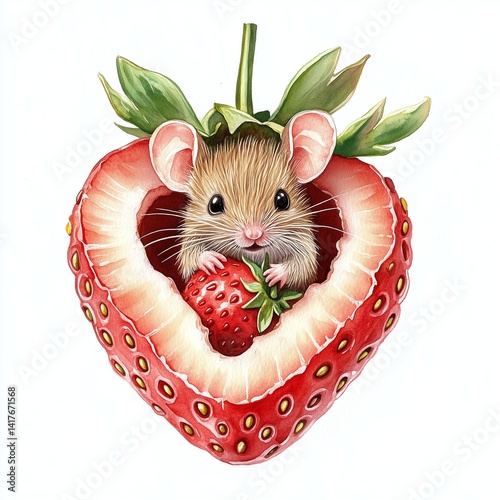 Cute rodent nibbling ripe strawberry within oversized fruit, white studio setting