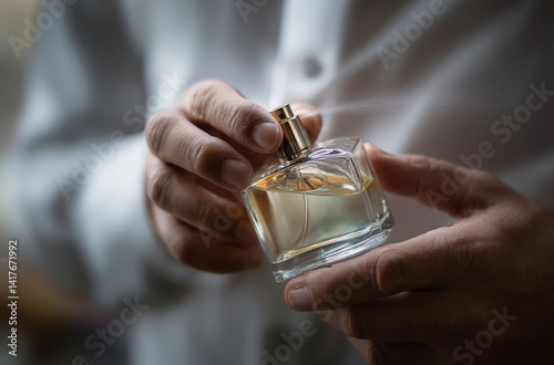 A man in a crisp shirt holds a glass perfume bottle with care, evoking elegance and sophistication in a close-up shot of daily rituals and luxury scents.