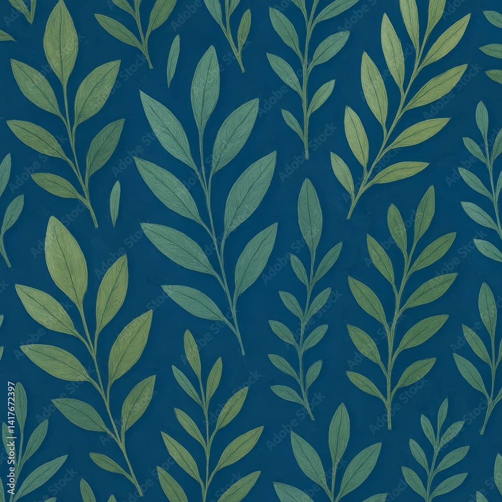 Seamless Pattern of Green Leaves Over a Solid Dark Blue Background Seamless Pattern of Green Leaves Over a Solid Dark Blue Background