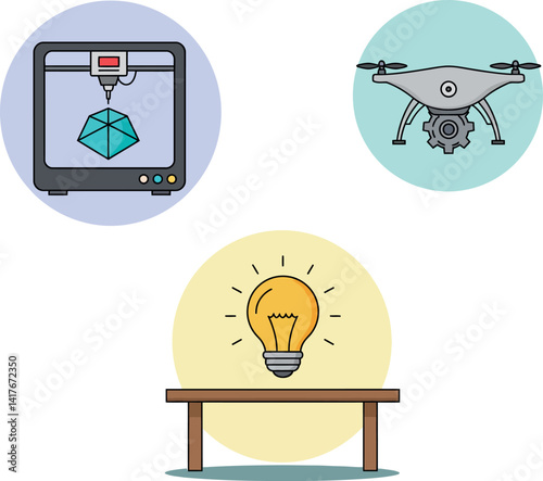 3D printer creating geometric object drone with camera and glowing light bulb on wooden table minimal vector illustration
