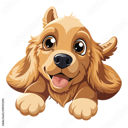 A playful Cocker Spaniel puppy lies on its back, looking up with an open mouth on white background
