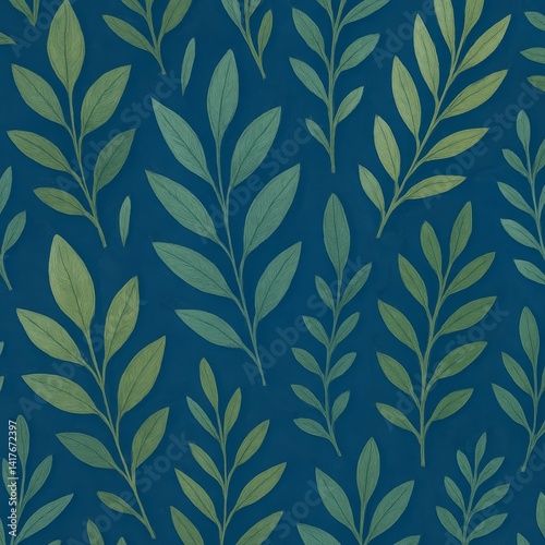 Seamless Pattern of Green Leaves Over a Solid Dark Blue Background