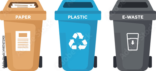Three recycling bins for paper plastic and e waste in flat minimal style vector illustration