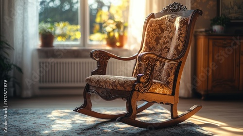 Ornate rocking chair in sunlit antique room