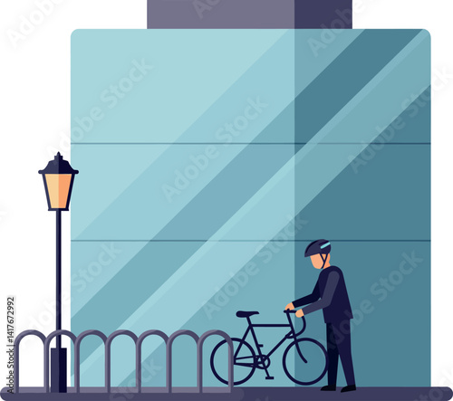 A cyclist in a helmet parking a bicycle near a modern building in flat vector art