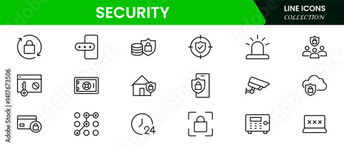 Security web icons in line style. Guard, cyber security, password, smart home, safety, data protection, key, shield, lock, unlock, eye access. Vector illustration.