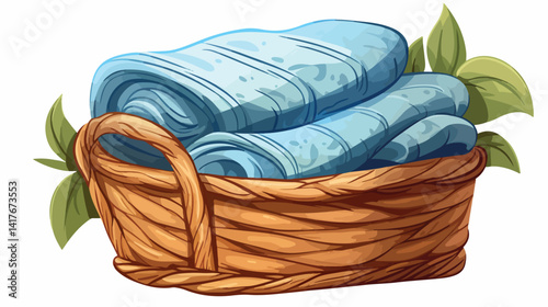Clean Soft Towels in White Basket on Background, Vector Illustration