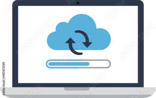 Laptop with cloud synchronization icon and progress bar in flat minimalist style vector illustration