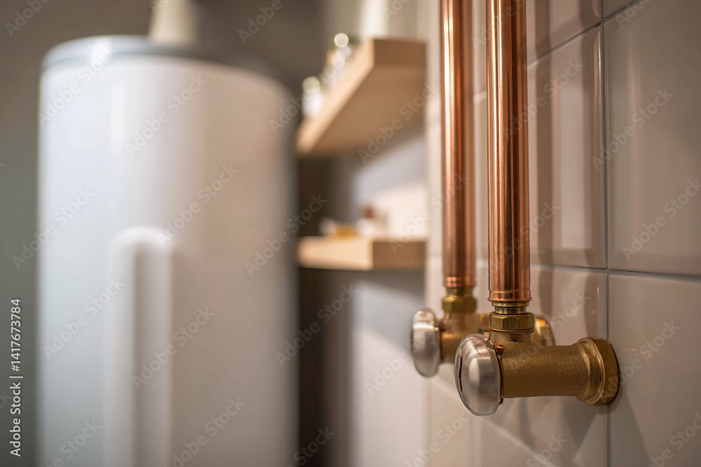 Close-up of copper pipes and brass valves against a light beige tile background, showcasing modern plumbing design in a bathroom setting Close-up of copper pipes and brass valves against a light beige tile background, showcasing modern plumbing design in a bathroom setting