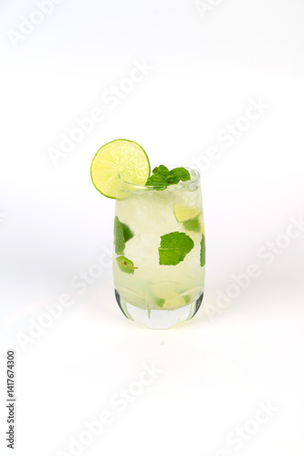 Mojito cocktail with lime and mint served in a glass on a white background