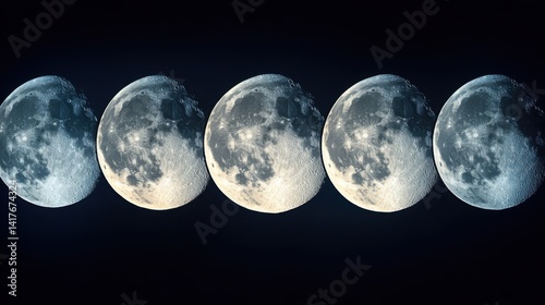 Phases of the Moon Displaying Lunar Cycle in Clear Night Sky Across Five Distinct Stages and Textures