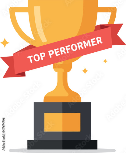 Golden trophy cup with red top performer ribbon flat design award celebration vector art