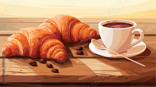 Delicious Croissants and Coffee on Wooden Table for Cafe Menu Design