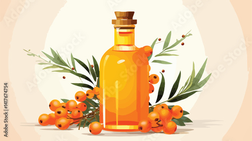 Sea Buckthorn Essential Oil Bottle on Light Background for Natural Cosmetics