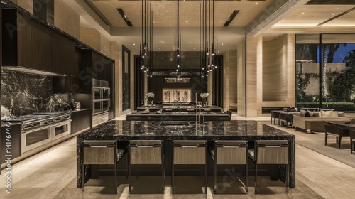 A grand, open-concept kitchen with dark marble and modern design.