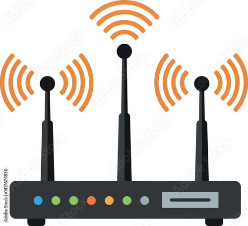 Wireless internet router with three antennas emitting signals flat digital technology vector illustration