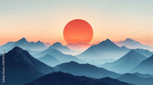 Serene Mountain Landscape at Sunset with Vibrant Horizon and Soft Layered Peaks for Tranquil Nature Scenes