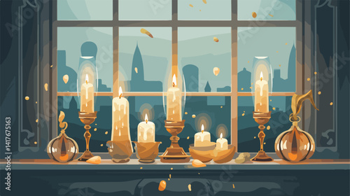 Elegant Burning Candles and Decor on Windowsill with Mirror