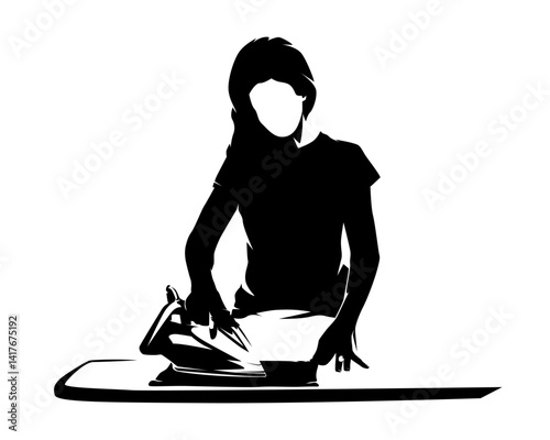 Woman irons clothes, cleaning service, housework, isolated vector silhouette, front view