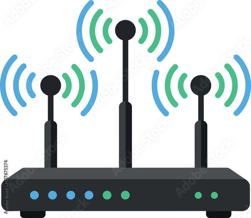 Wireless router with three antennas emitting signals flat design vector illustration