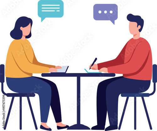Two people sitting at table communicating with speech bubbles flat style vector illustration