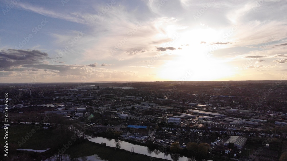 Obraz premium Low and high aerial drone photography of Merseyside and Staffordshire areas, including Burton Upon Trent, Stafford, Wirral, Birkenhead, Wallasey, and Cheshire. 