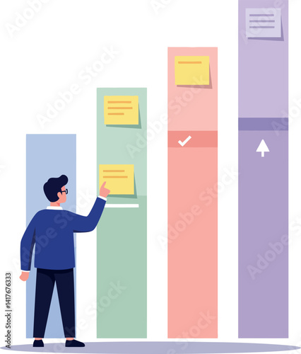 Businessman analyzing colorful vertical bar chart with sticky notes in flat design vector illustration