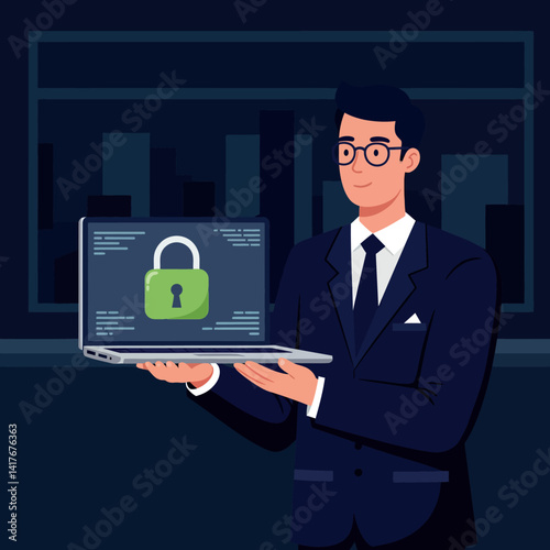 Businessman in suit holding laptop with green padlock symbol security concept flat vector illustration