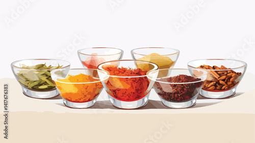 Exquisite Composition of Glass Bowls with Aromatic Spices on Light Background