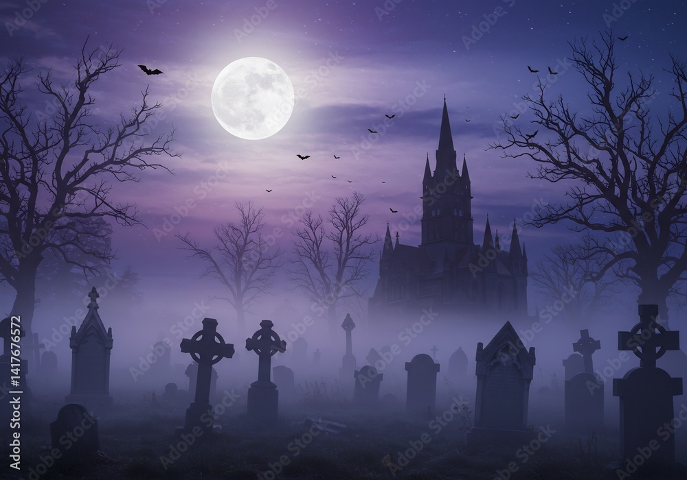 Fototapeta premium Spooky Graveyard at Night with Gothic Church and Full Moon