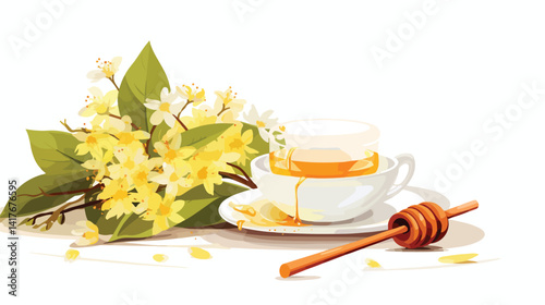 Linden Tea and Honey Bowl on White Table � Refreshing Beverage with Sweetener for Relaxation