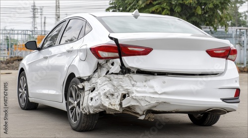 Rear-ended car showing significant trunk and bumper damage - back wreckage dented