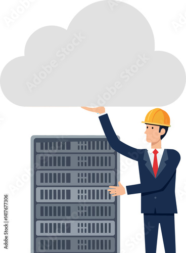 Male engineer in suit with helmet interacting with cloud above server rack flat style vector illustration