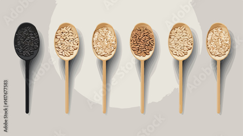 Variety of Spoons with Raw Oatmeal on Grey Background