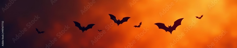 Fototapeta premium Flock of bats flying in formation, Halloween silhouette, night, creepy