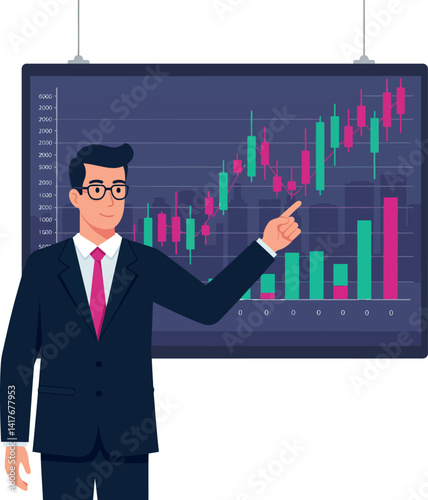Businessman in suit presenting financial growth chart with candlestick and bar graphs flat vector illustration