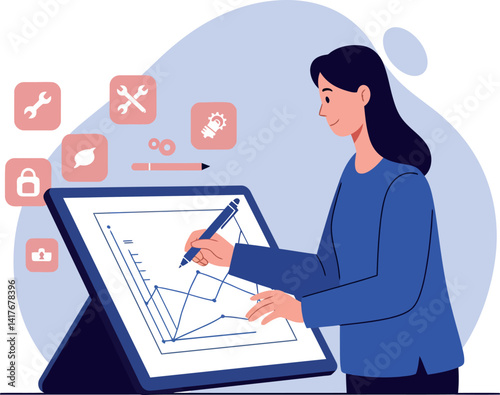 Female architect designing building plans on digital tablet with icons in flat style vector illustration