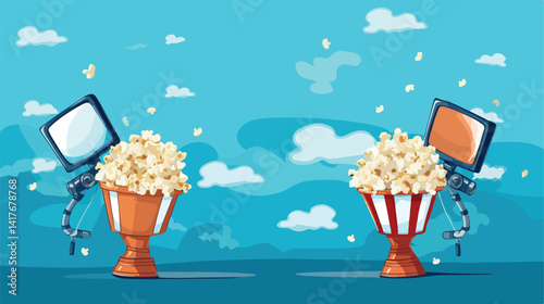 Hands Holding Buckets with Popcorn, TV Remote, and Megaphone