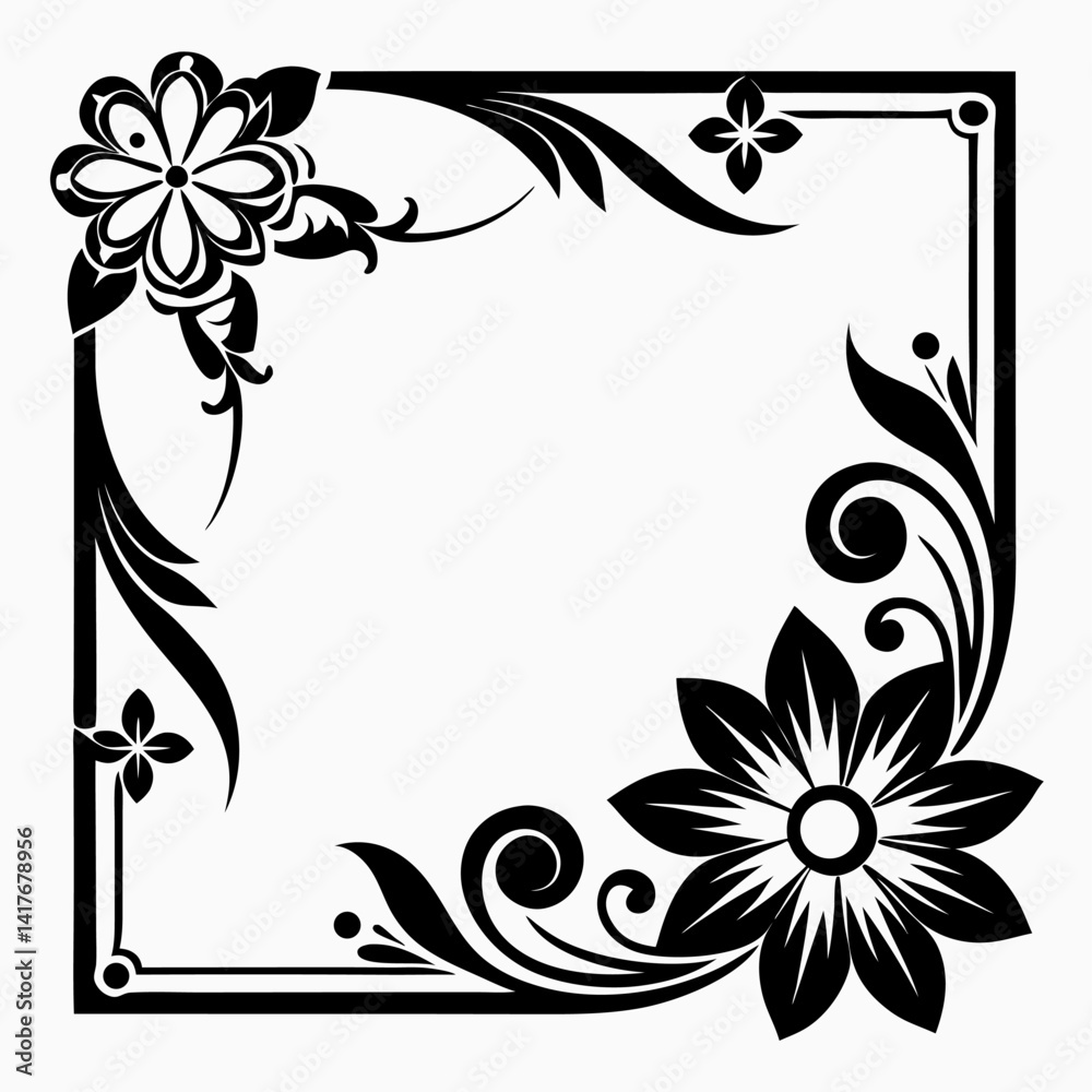 frame corner flower art, Vector illustration of decorative corner frame, black and white frame corner flower art, Vector illustration of decorative corner frame, black and white
