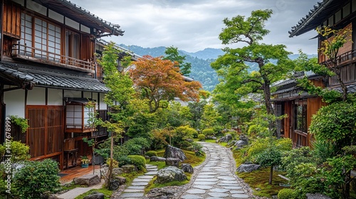 Japanese traditional village alleyway, peaceful garden, mountains in the background.  Possible use travel brochure