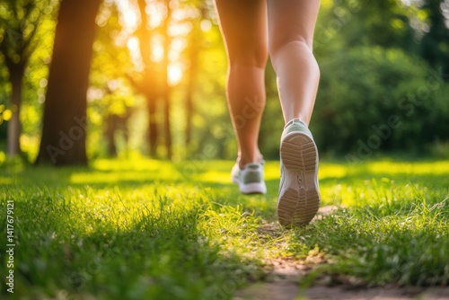 Female jogger running in a sunlit park with lush greenery