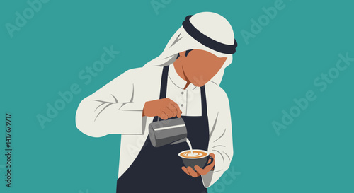 Arab Barista Pouring Coffee Into Cup Wearing White Headdress and Apron Against Teal Background
