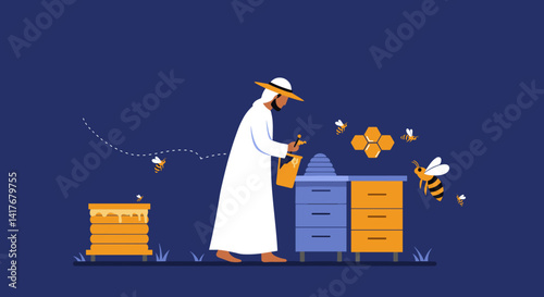 Arab Beekeeper Harvesting Honey From The Beehive Outdoors In Pixelated Digital Illustration