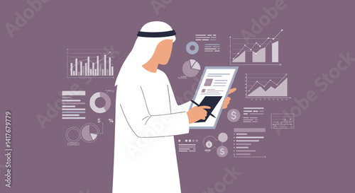 Arab Business Man Analyzing Financial Data On Digital Tablet Interface With White Attire And Purple Background